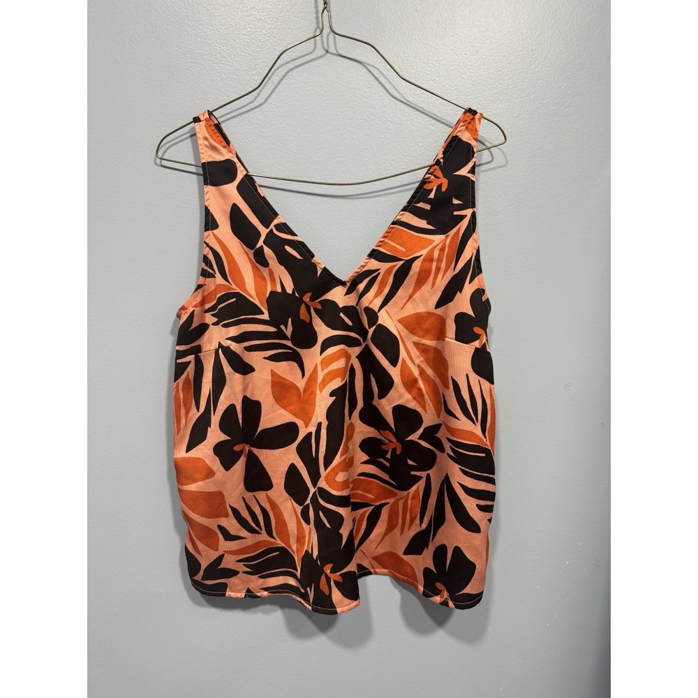 Old Navy Coral Orange Black Tropical Leaves Print Pattern Tank Top | S